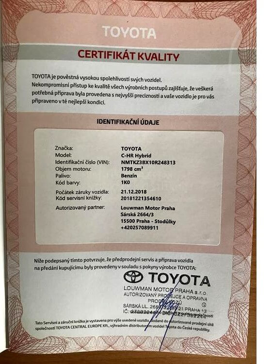 Toyota C-HR 2018, quality certificate from toyota.